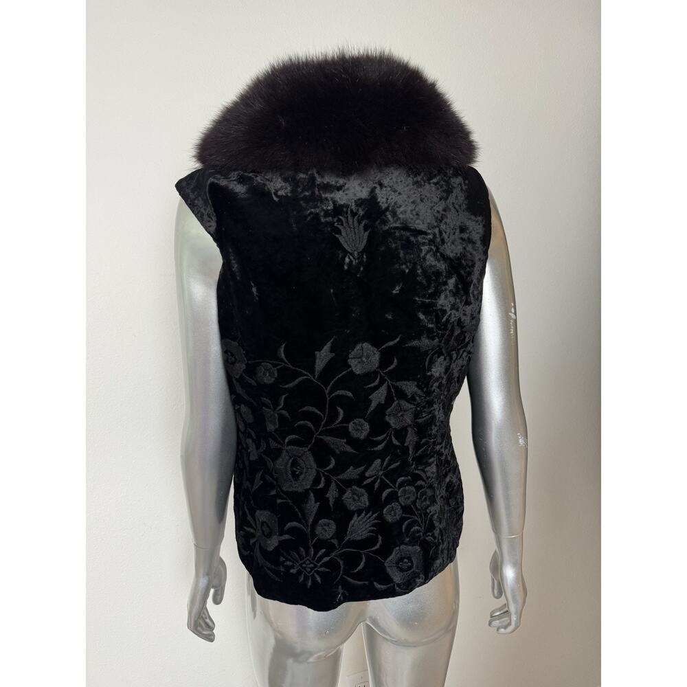 Vintage Adrienne Landau Silk Velvet Vest Fox Fur Collar Embroidered Black USA S - Picture 7 of 11
